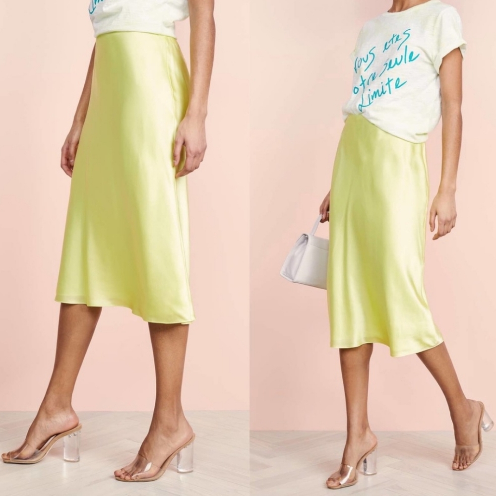 NWT CINQ À SEPT Marta 100% Silk-Satin Skirt In Lemongrass Size Large - Picture 2 of 14